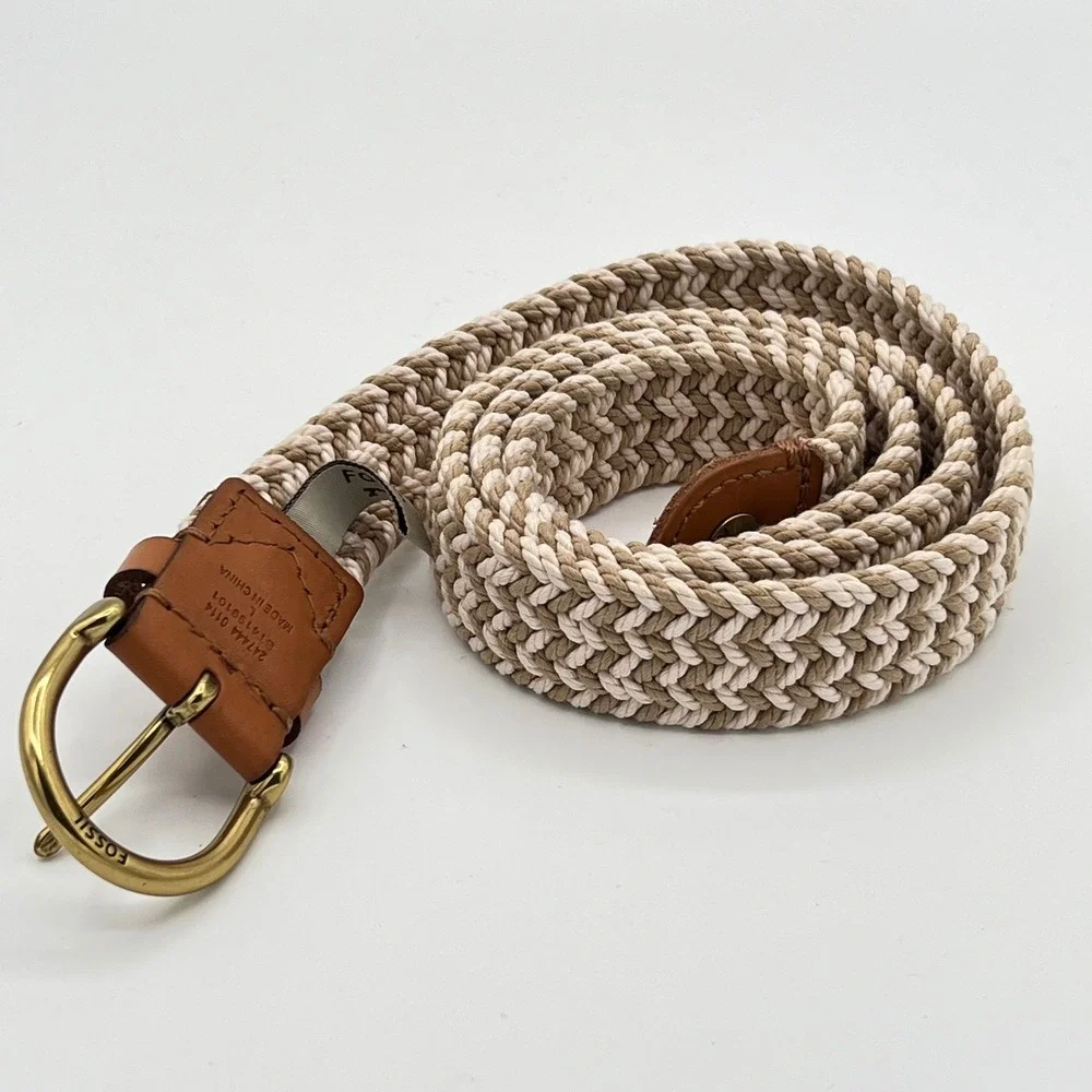 Fossil Braided Elastic Belt Unisex Size L Tan Cream Chevron‎ Brass Buckle Casual